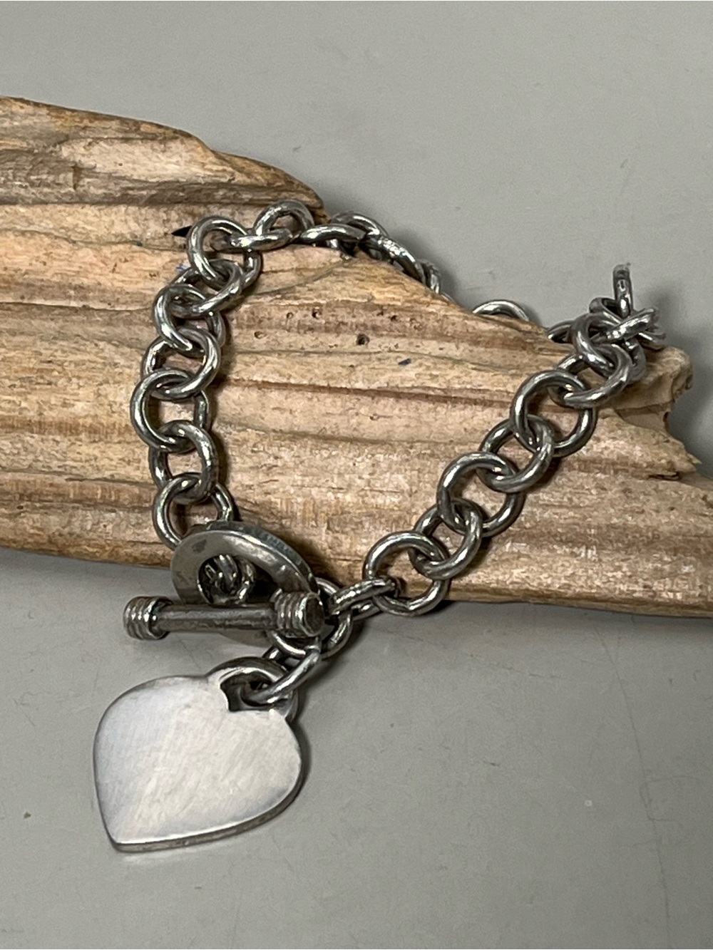Tiffany & Co Style 925 Sterling Silver Heart Tag Toggle Rolo Chain Bracelet 7.5"